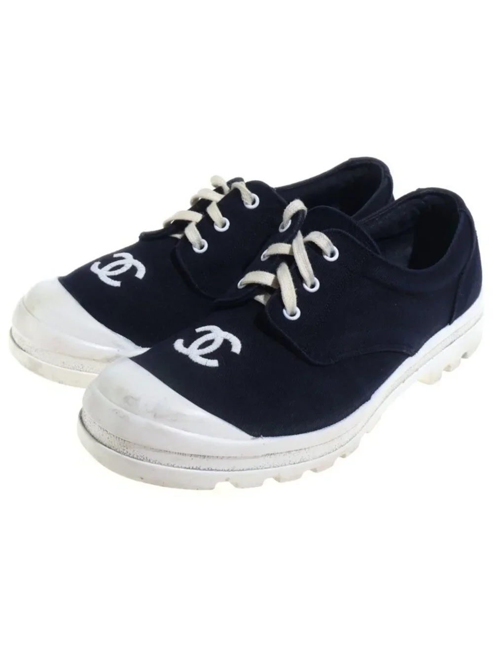 Chanel CC Logo Vintage Sneakers Flat Shoes Navy White Canvas